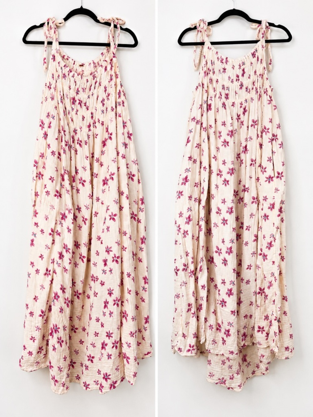 Free People Azure Maxi Lilac Ecru  Floral Smocked Dress Size Large 100% Cotton